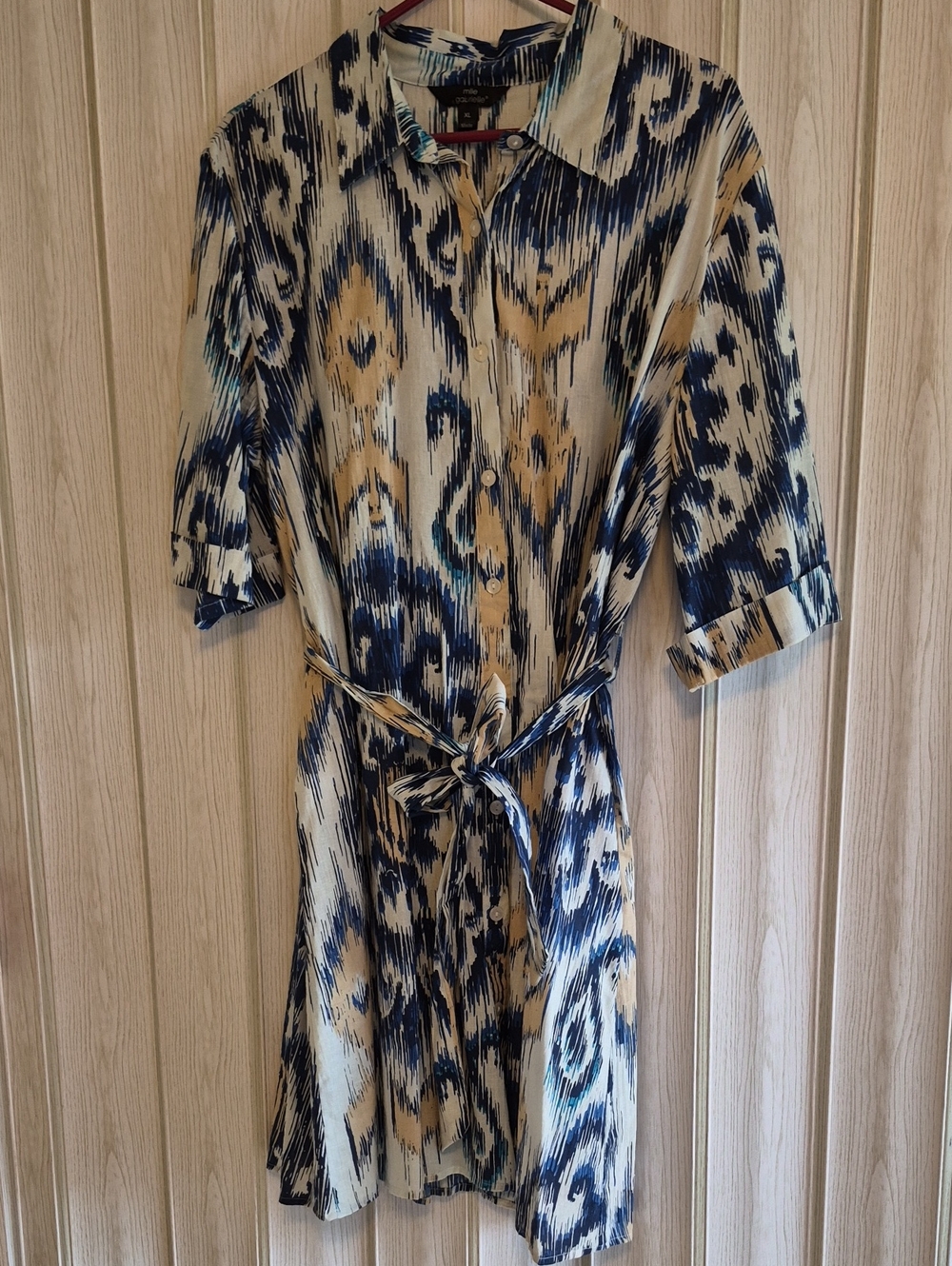 Mlle Gabrielle Navy and Beige Abstract Shirt Midi Dress